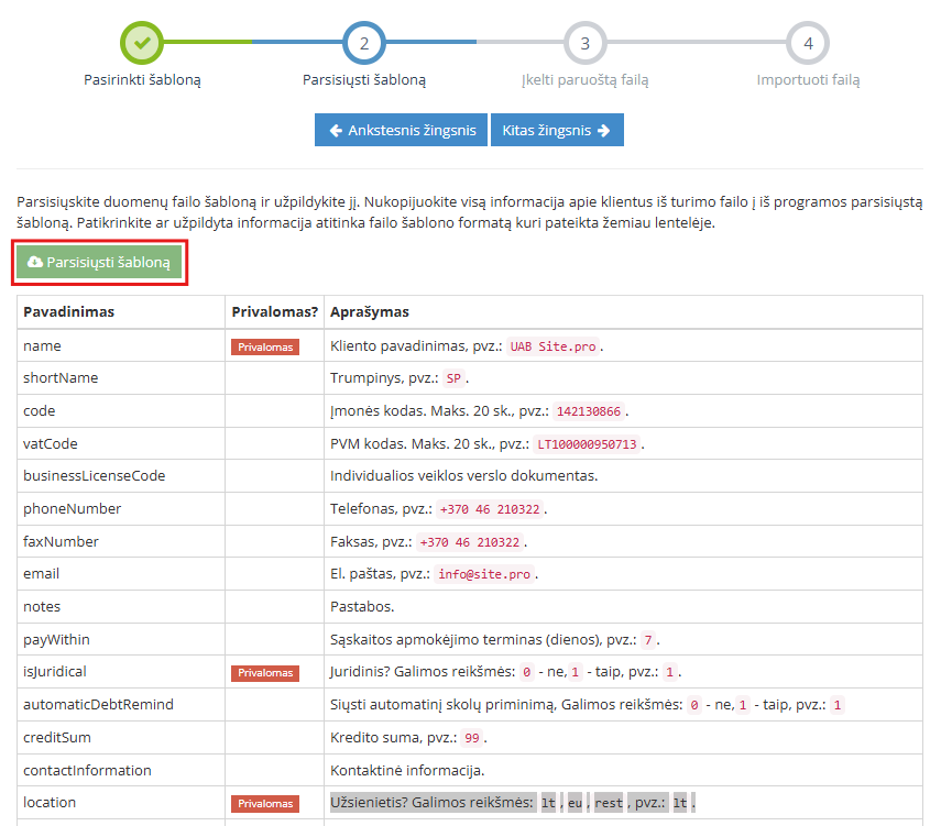Excel šablono parsisiuntimo ir užpildymo instrukcija klientų duomenims